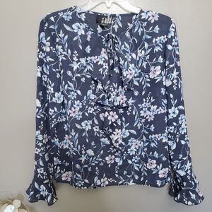 ALT Christine Top Womens Size 8 Blue Floral Semi Sheer Long Sleeve Ruffle Blouse